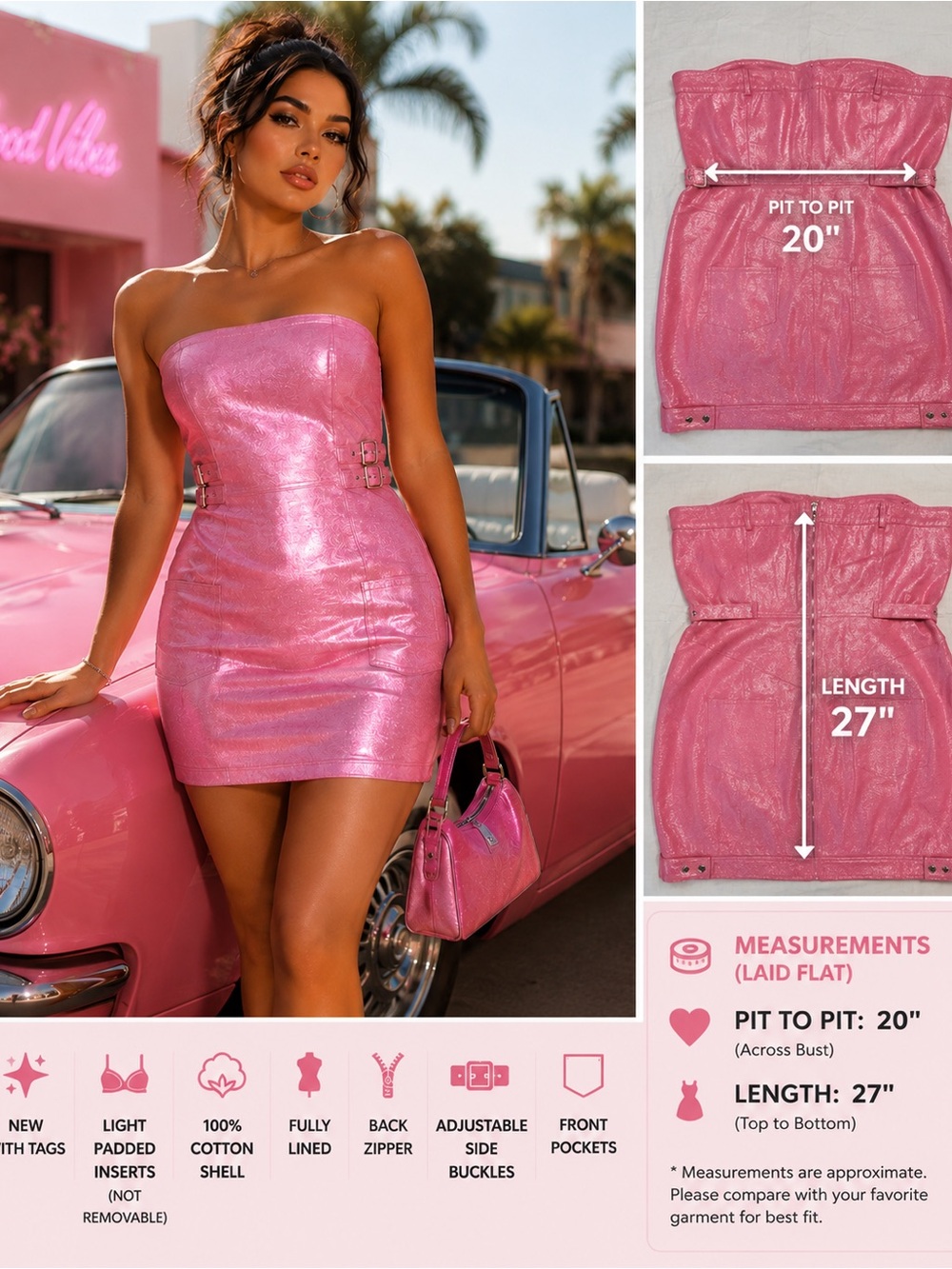 NWT Fashion Nova Think Pink Metallic Denim Strapless Mini Dress XL